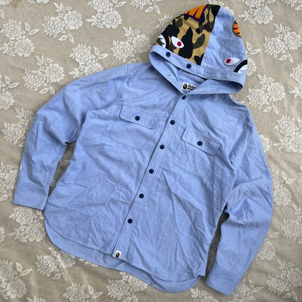 BAPE Shark Hood Oxford Button Up Shirt Size Large